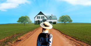 a short ginger girl walking down to the road to a green-roofed farm house